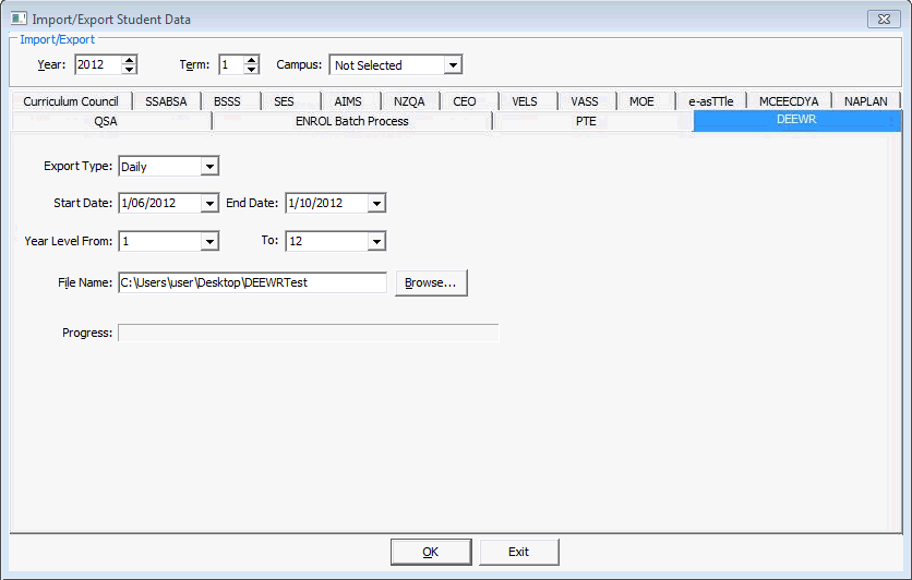 Import Export Student Data - DEEWR tab