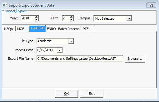 Import/Export Student Data - e-asSTTle tab