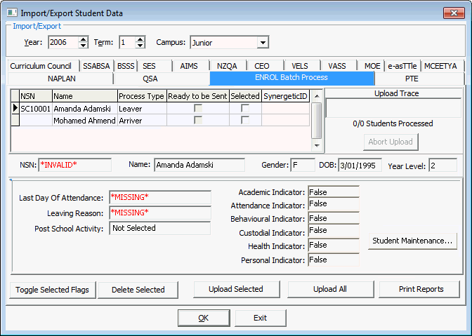 Import/Export Student Data - ENROL Batch Process tab