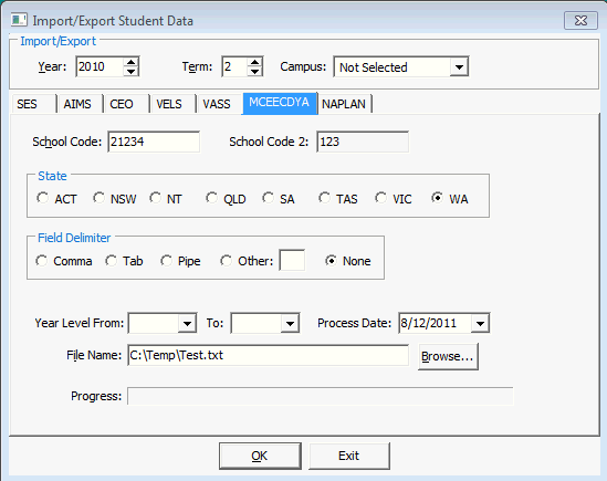 Import/Export Student Data - MCEECDYA tab