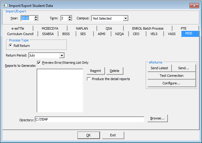 Import/Export Student Data - MOE tab