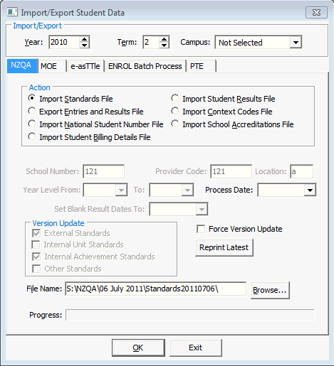 Import/Export Student Data - NZQA tab