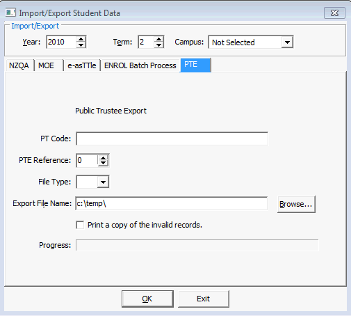 Import/Export Student Data - PTE tab