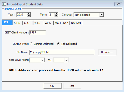 Import/Export Student Data - SES tab