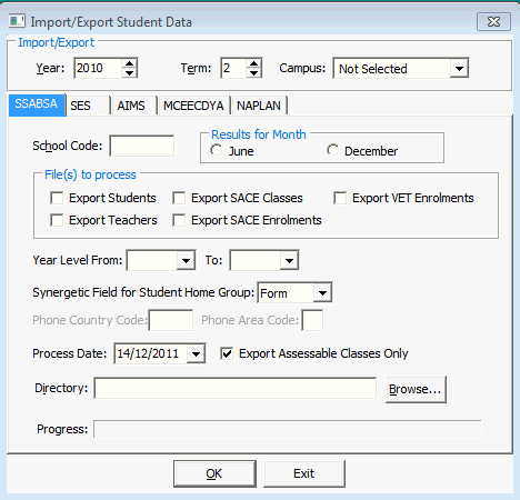 Import/Export Student Data - SSABA tab