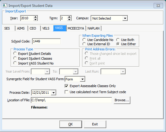 Import/Export Student Data - VASS tab (Vic)