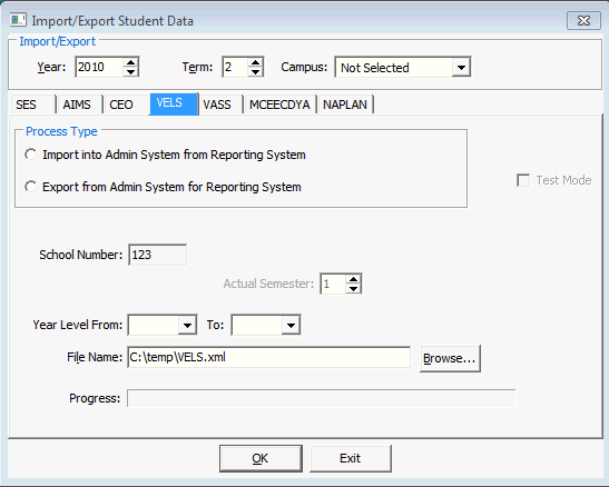 Import/Export Student Data - VELS tab
