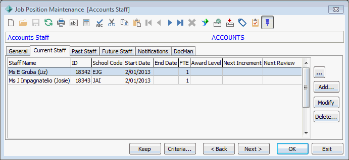 Job Position Maintenance - Current Staff tab
