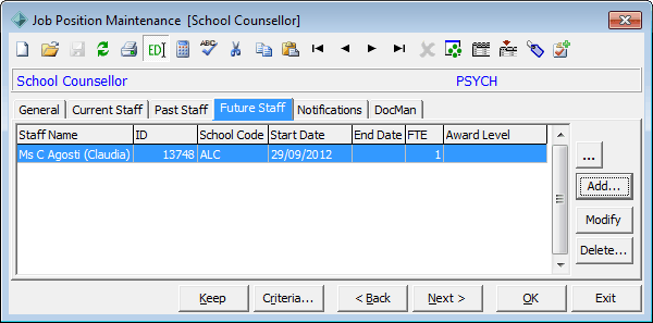 Job Position Maintenance - Future Staff tab