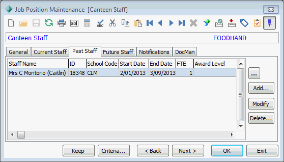 Job Position Maintenance - Past Staff tab