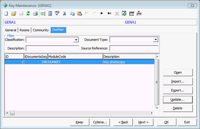 Key Maintenance - DocMan tab