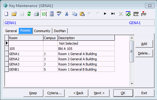 Key Maintenance - Rooms tab
