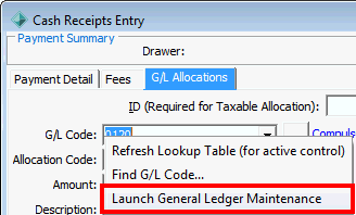 Launch General Ledger Maintenance right click menu