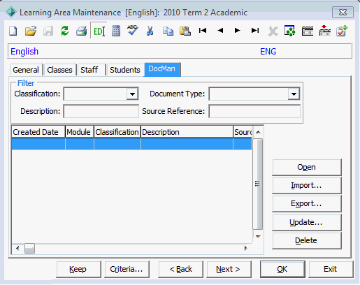 Learning Area Maintenance - DocMan tab