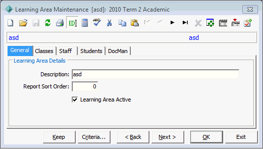 Learning Area Maintenance - General tab