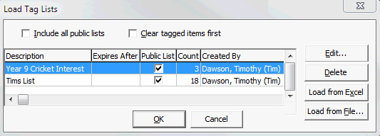 Load Tag Lists window