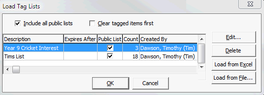 Load Tag Lists window