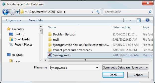 Locate Synergetic Database window