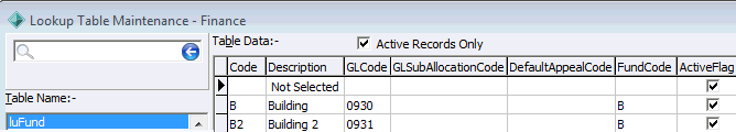 Lookup Table Maintenance - Finance (luFund lookup table)