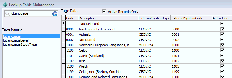 Lookup Table Maintenance - luLanguage (for loading from external table, populated)
