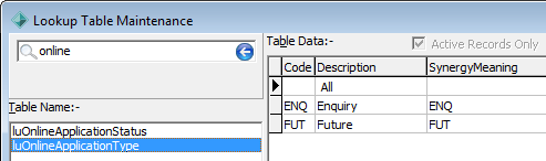 Lookup Table Maintenance - luOnlineApplicationType