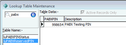 Lookup Table Maintenance - luPABXReservedPIN lookup table