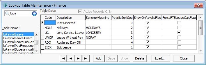 Lookup Table Maintenance - luPayrollLeave