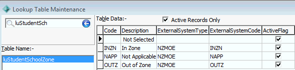 Lookup Table Maintenance - luStudentSchoolZone