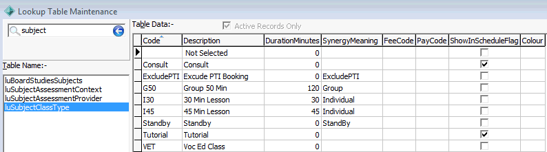 Lookup Table Maintenance - luSubjectClassType