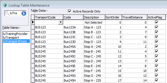 Lookup Table Maintenance - luTransportStops