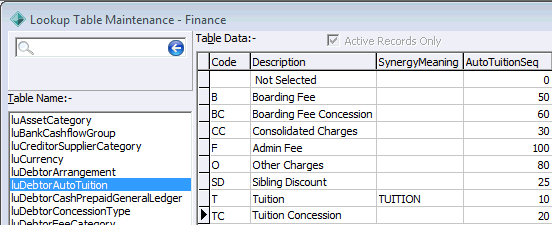 luDebtorAutoTuition lookup table