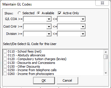 Maintain GL Codes window