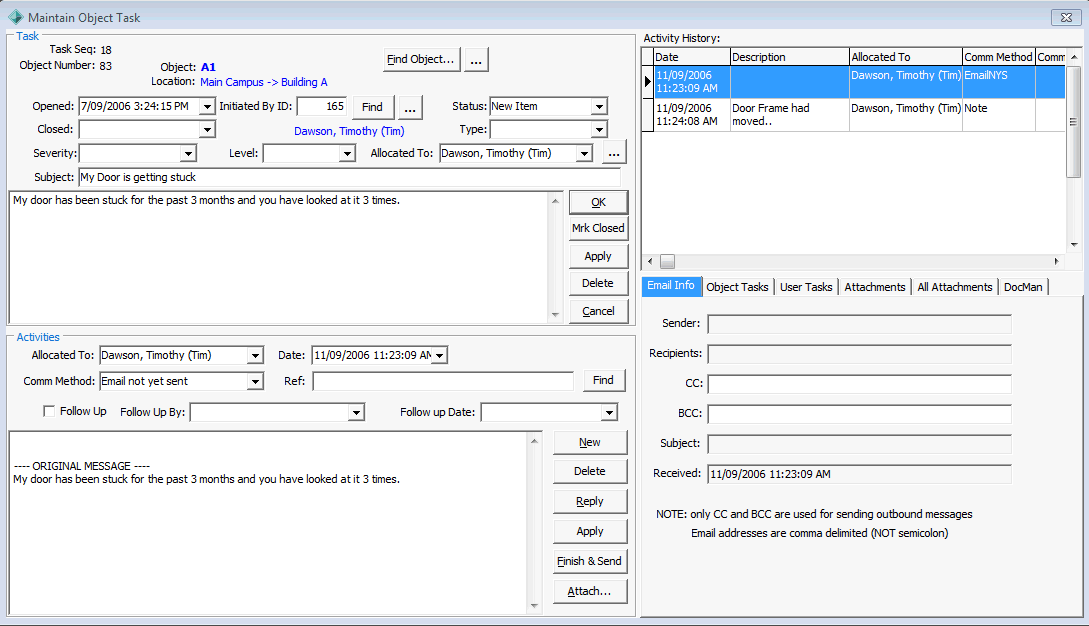 Maintain Object Task window (populated)