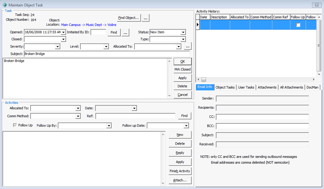 Maintain Object Task window