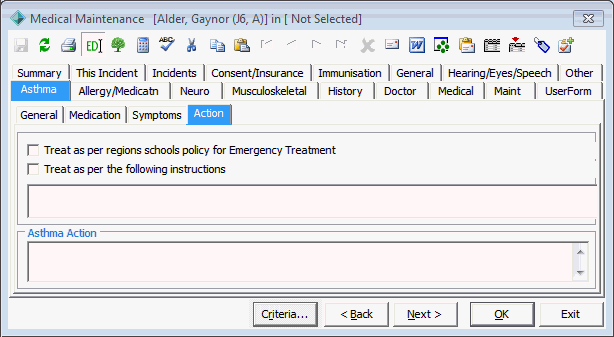 Medical Maintenance - Asthma tab - Action sub-tab (Sick-bay)