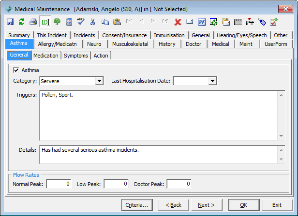 Medical Maintenance - Asthma tab (from sickbay)