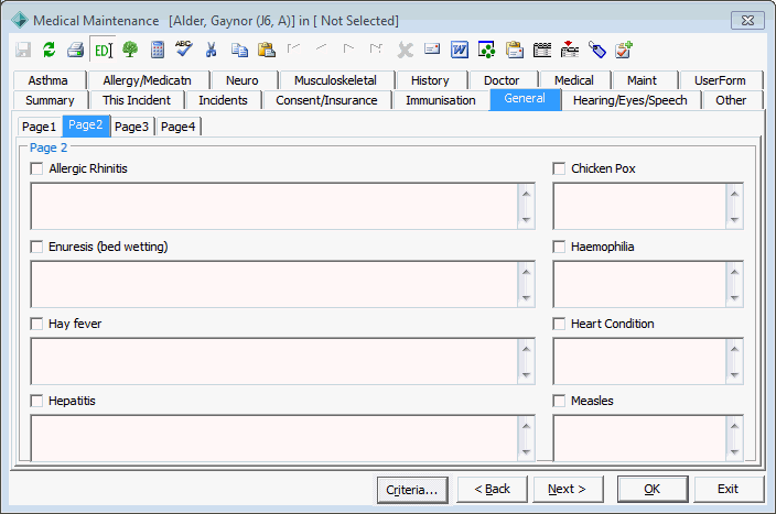 Medical Maintenance - General tab - Page 2 sub-tab (Sick-bay)