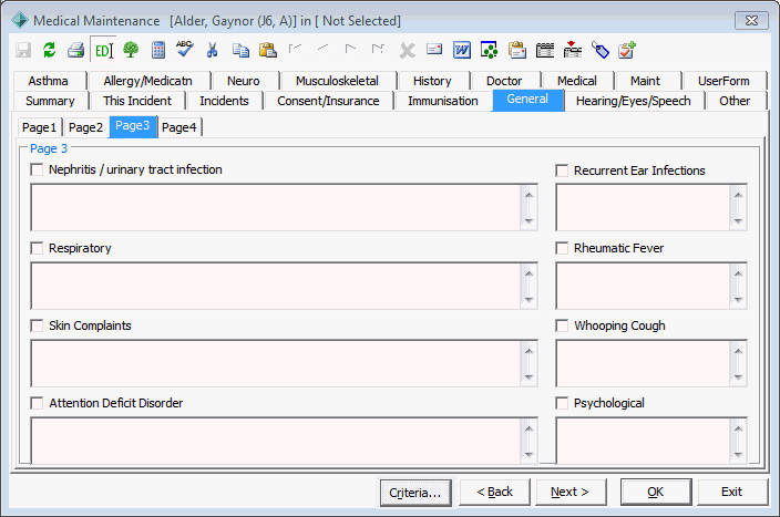 Medical Maintenance - General tab - Page 3 sub-tab (Sick-bay)
