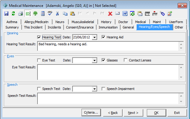 Medical Maintenance - Hearing-Eyes-Speech tab