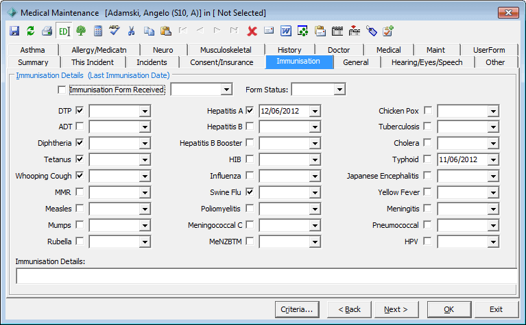 Medical Maintenance - Immunisation tab (from sickbay)