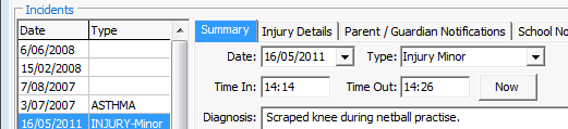 Medical Maintenance - Incidents tab (cut down)