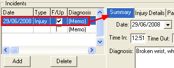 Medical Maintenance - Incidents tab (grid relation, cut down)