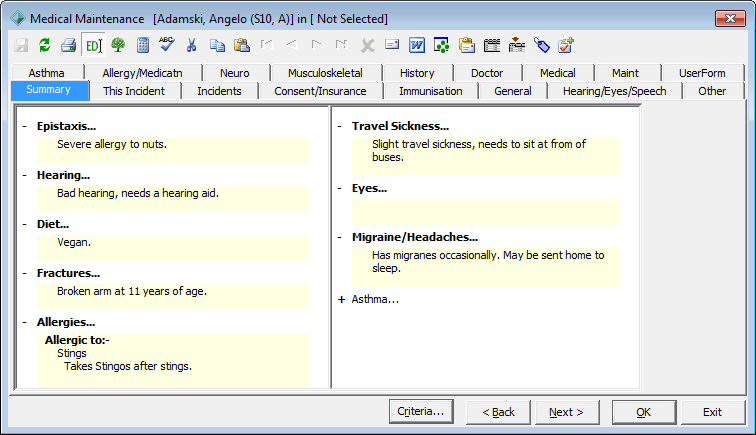 Medical Maintenance - Summary tab