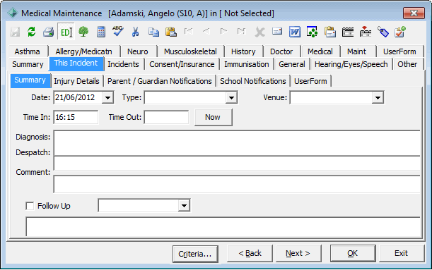 Medical Maintenance - This Incident tab