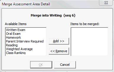 Merge Assessment Area Details window (Items to be merged)