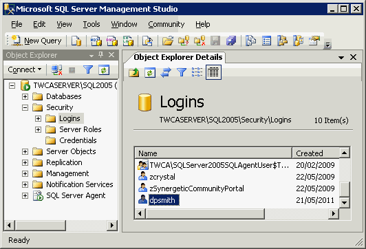 Microsoft SQL Server Management Studio (Object Explorer Details tab)