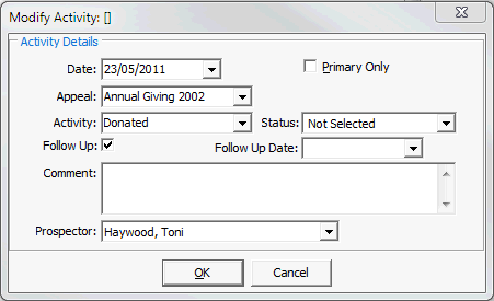 Modify Activity window