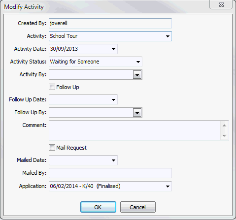 Modify Activity window