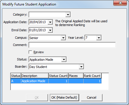 Modify Future Student Application window