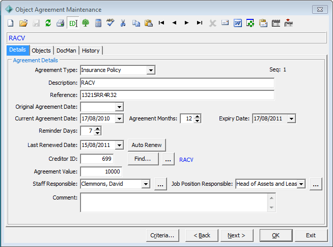 Object Agreement Maintenance - Details tab